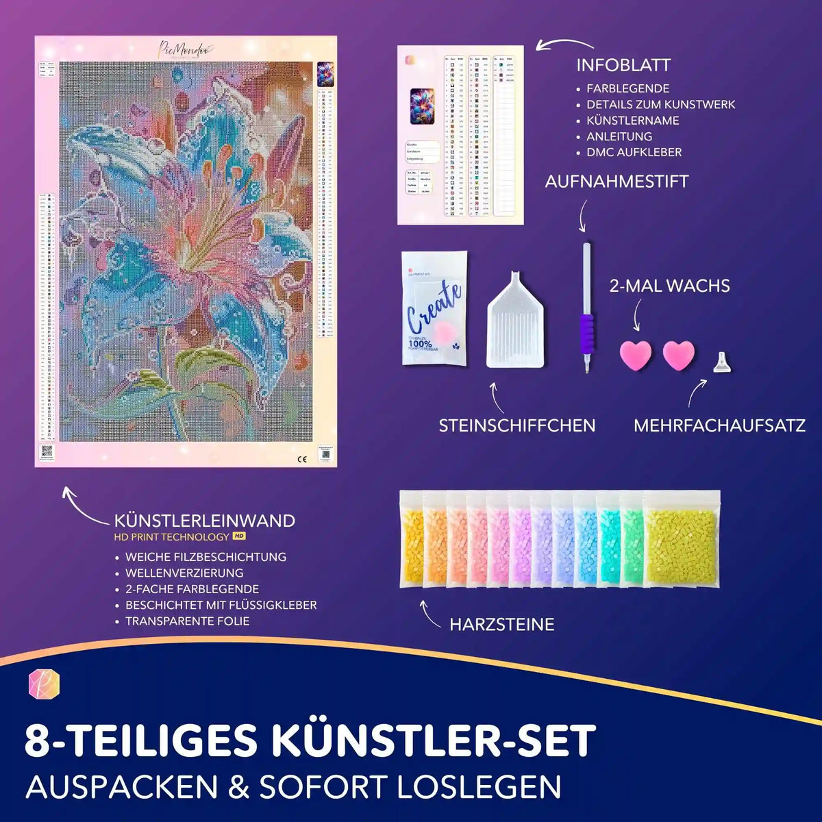 Diamond Painting Set Regenlied mit floralem Lilien-Motiv, glitzernden Steinchen und Zubehör für DIY-Kunstwerke.