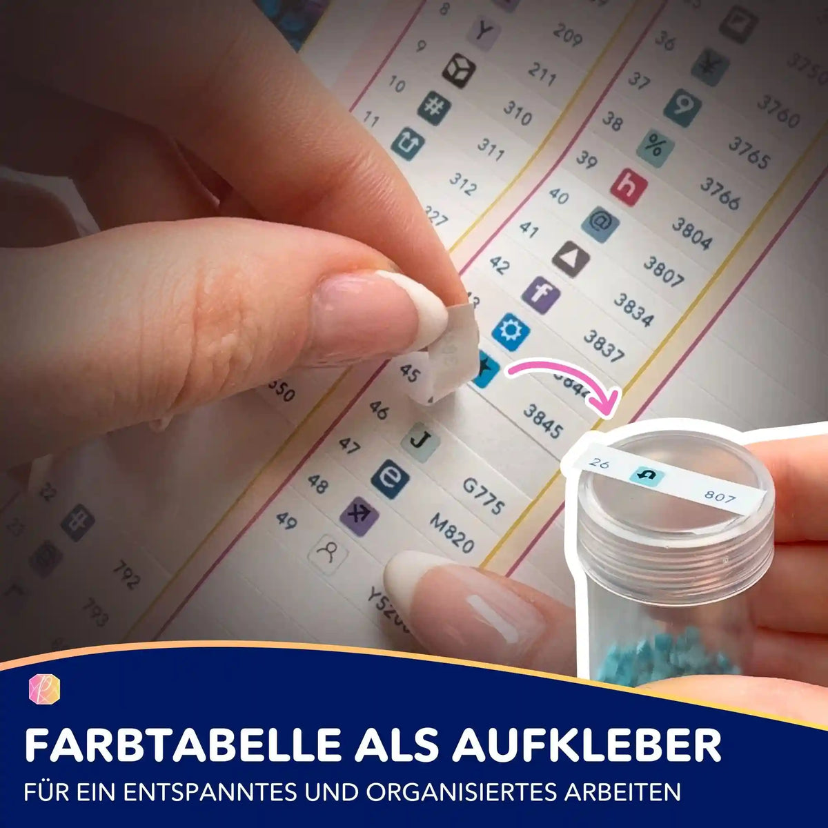 Praktische Farbtabelle als Aufkleber für Diamond Painting Sets zur einfachen Sortierung der Diamantsteinchen