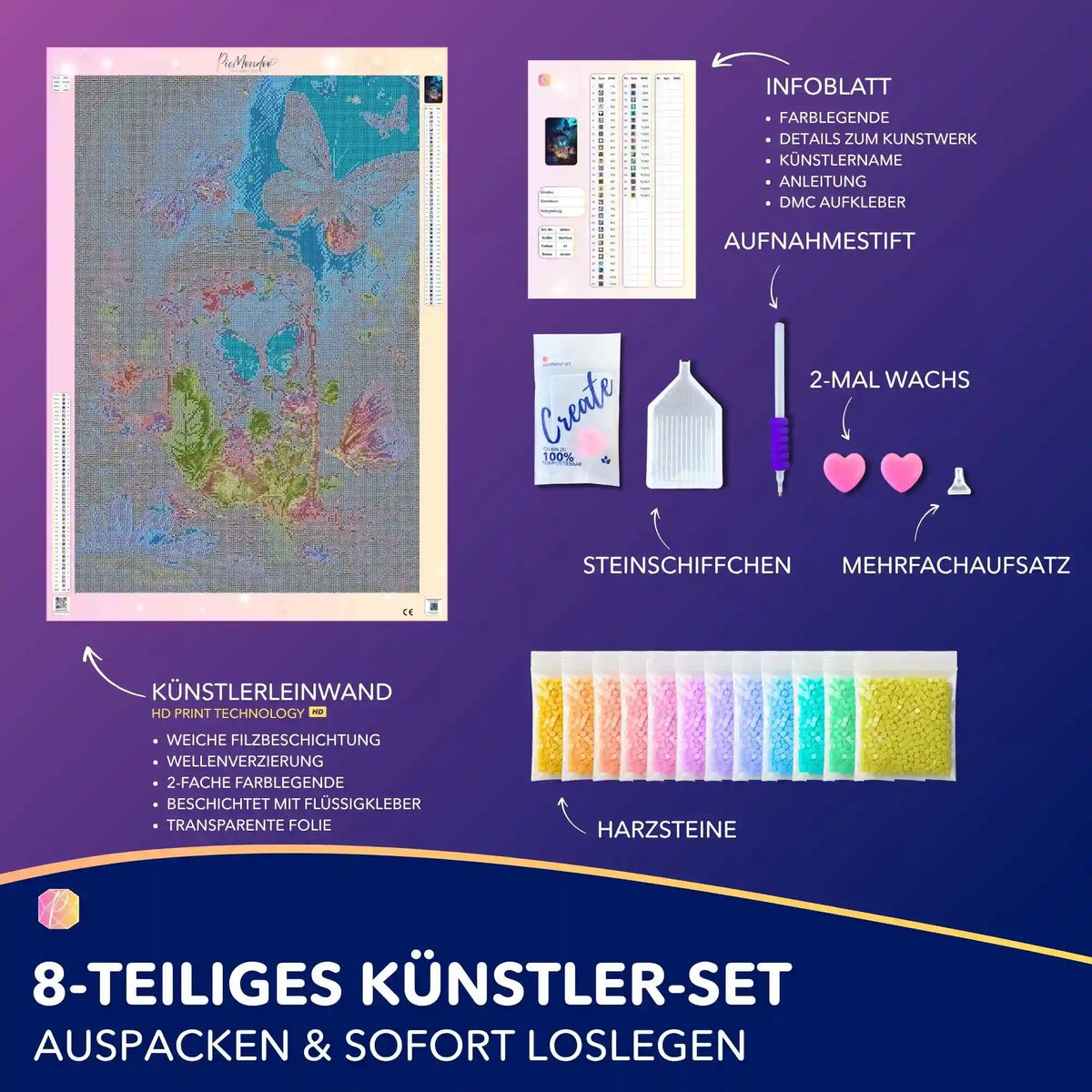 Diamond Painting Set Nacht der Schmetterlinge mit Leinwand, Leuchtsteinen, Werkzeug und Farblegende für kreatives Basteln.