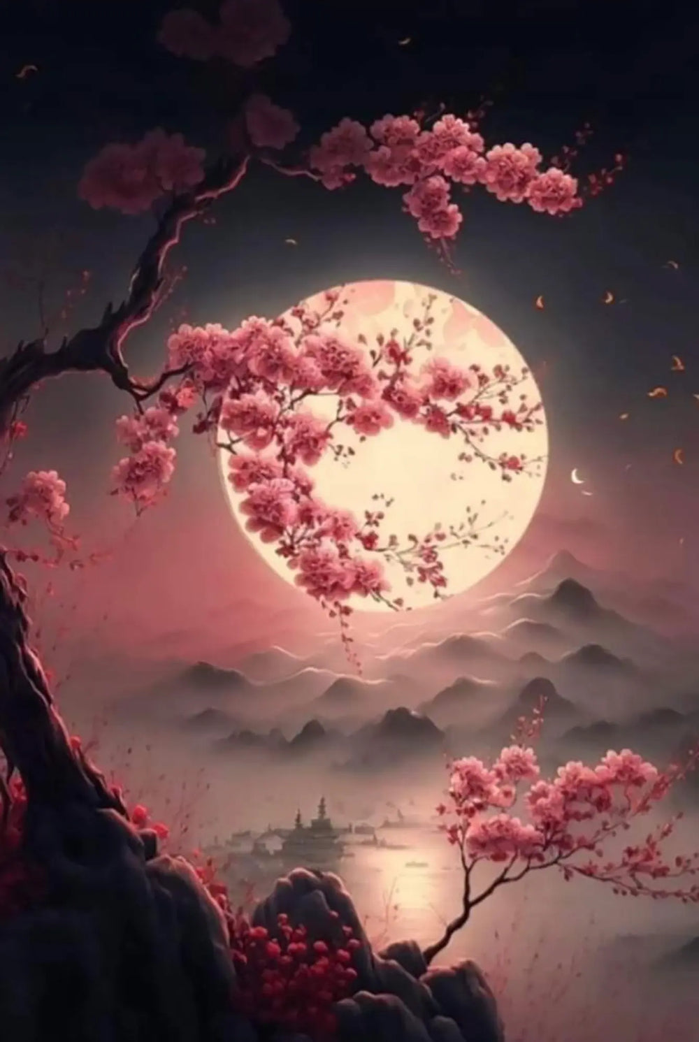 Tableau lumineux Diamond Painting spécial - Cerisiers sous le clair de lune