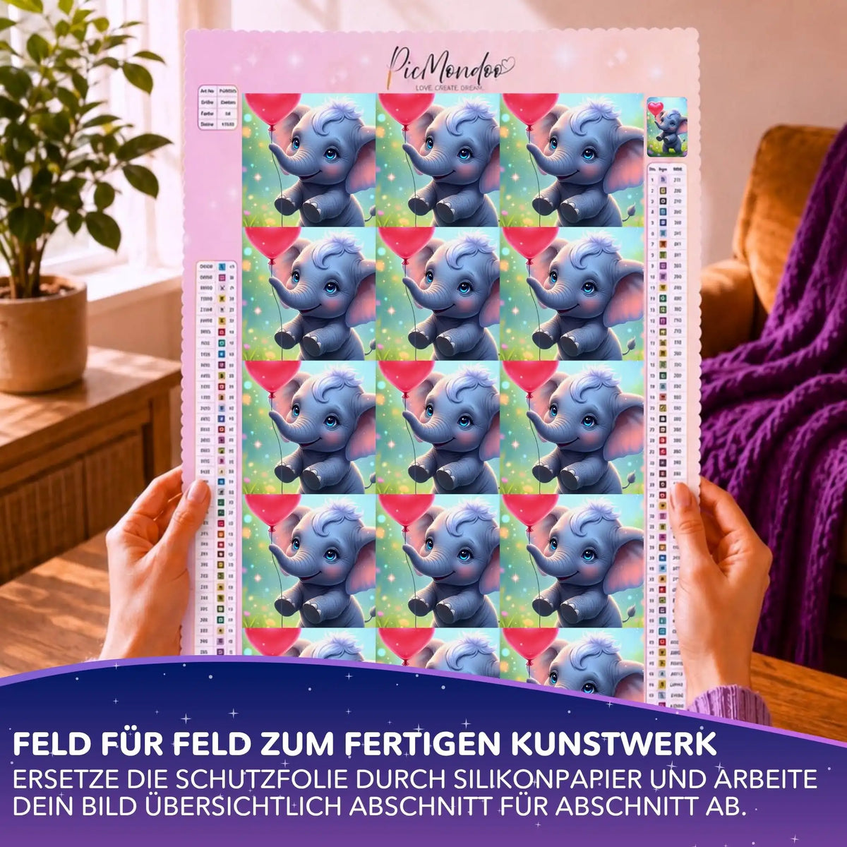 Silikonpapier Set für Diamond Painting auf Leinwand mit Elefanten-Motiv zur Einteilung in Abschnitte.
