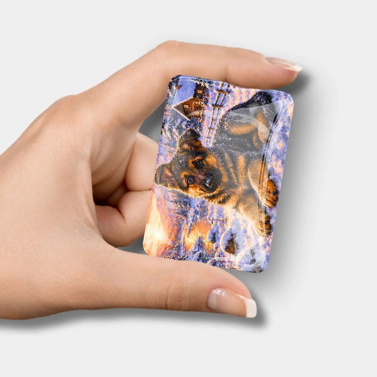 Diamond Painting Cover Minder aus Glas mit Schäferhund Welpe im Schnee – Lokis erster Winter