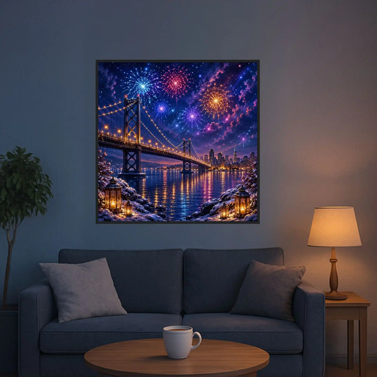 Fertiges Diamond Painting: Beleuchtete Brücke mit buntem Silvester-Feuerwerk über verschneiter Skyline