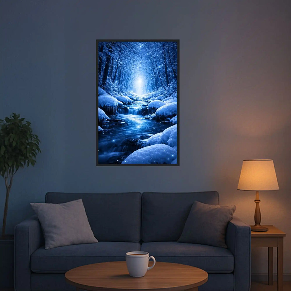 Diamond Painting Winter: Magisch blau leuchtender Bachlauf im verschneiten Wald als gerahmtes Bild über Sofa.