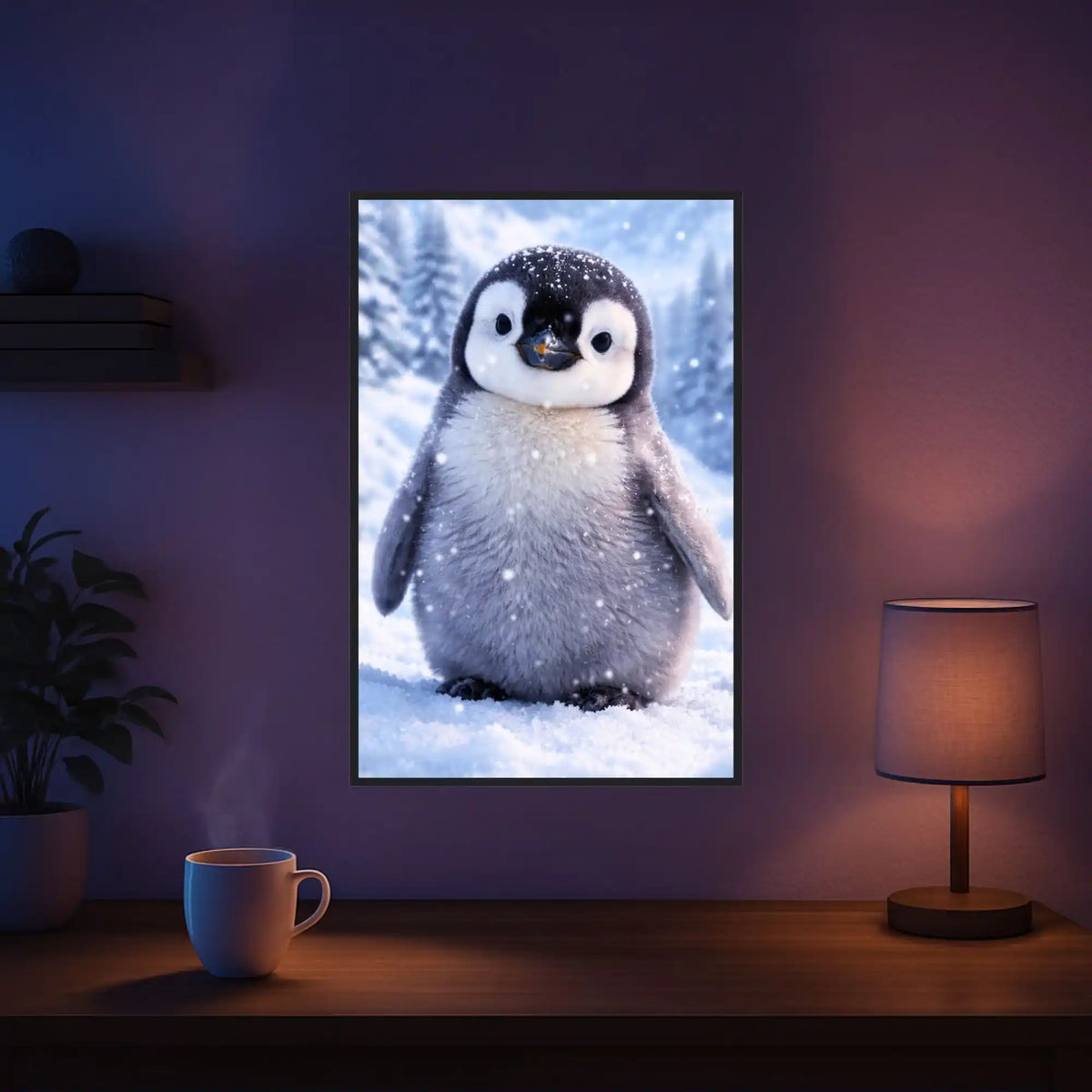 Diamond Painting Winterpieps: Süßes Babypinguin-Küken im Schnee in verschneiter Winterlandschaft.