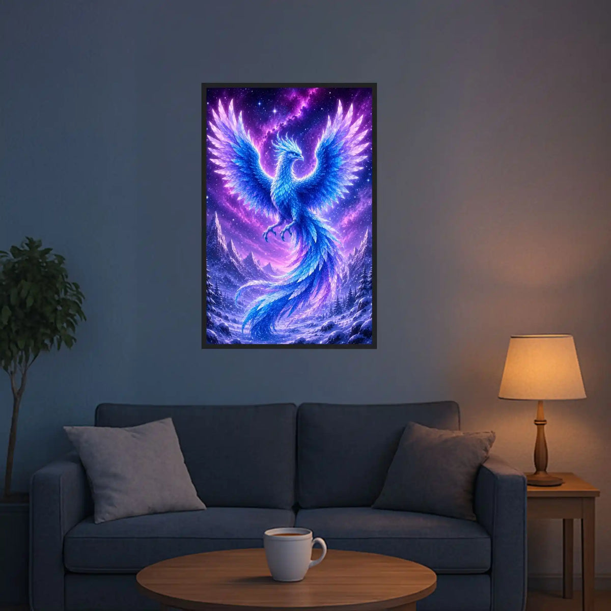 Diamond Painting Winterphönix: Magischer blauer Eis-Phönix über verschneiter Berglandschaft als gerahmtes Wandbild.