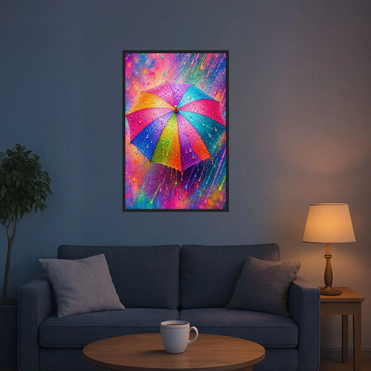 Buntes Diamond Painting Bild mit Regenbogen-Regenschirm und Regentropfen an der Wohnzimmerwand.
