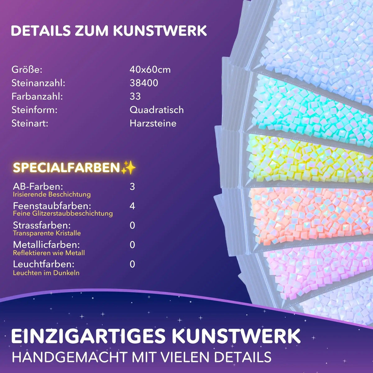 Diamond Painting Winterpieps: Produktdetails mit bunten quadratischen Glitzersteinen und Feenstaub-Sonderfarben.