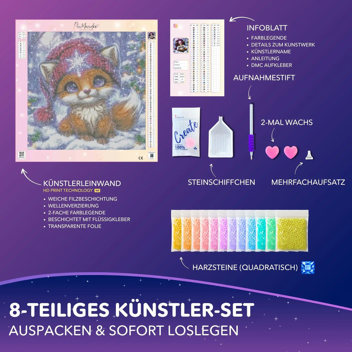 Diamond Painting Set Kleiner Winterzauber: Niedlicher Fuchs im Schnee mit eckigen Steinen und Zubehör.