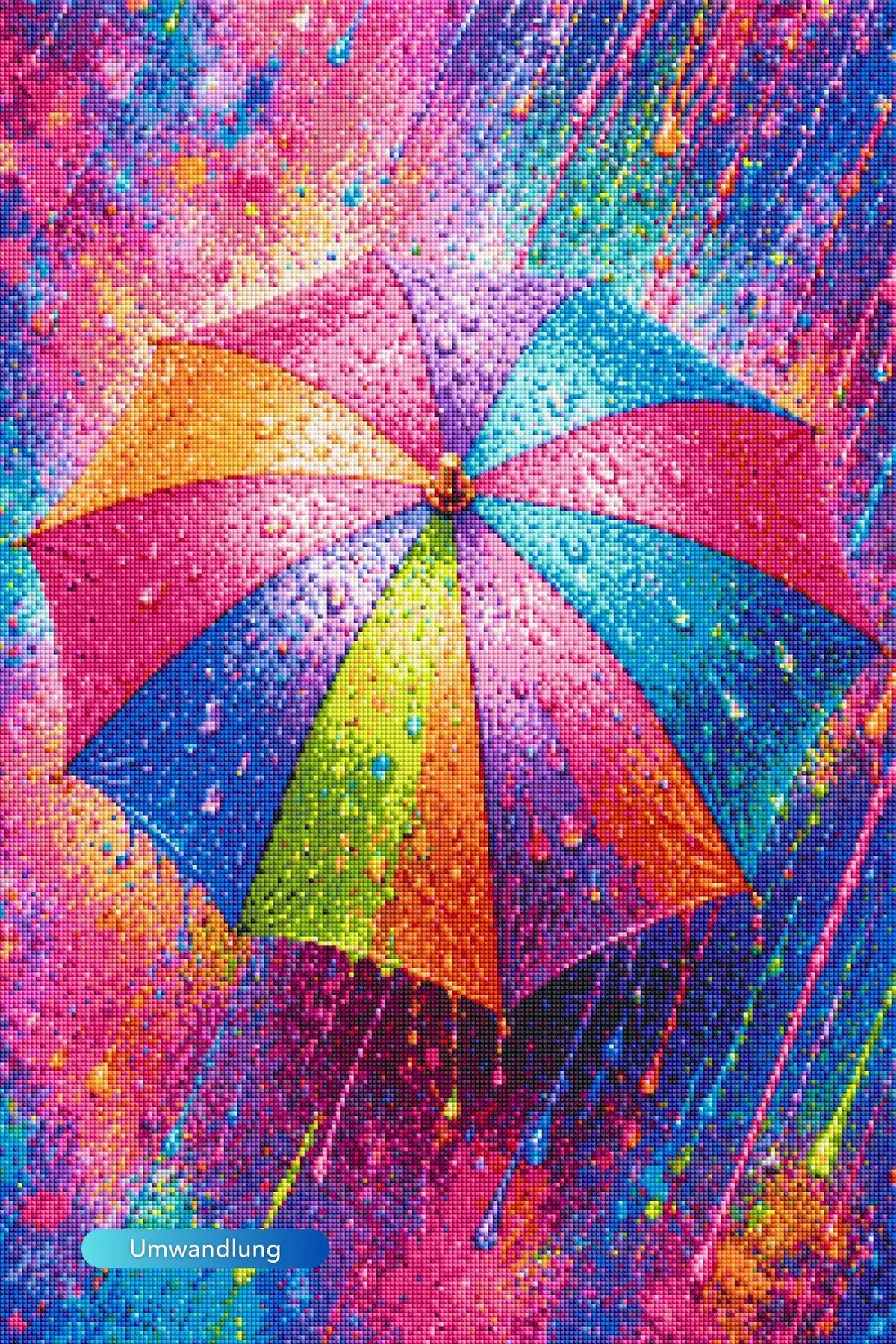 Diamond Painting: Bunter Regenschirm im Regen mit leuchtenden Farbspritzern und Tropfen