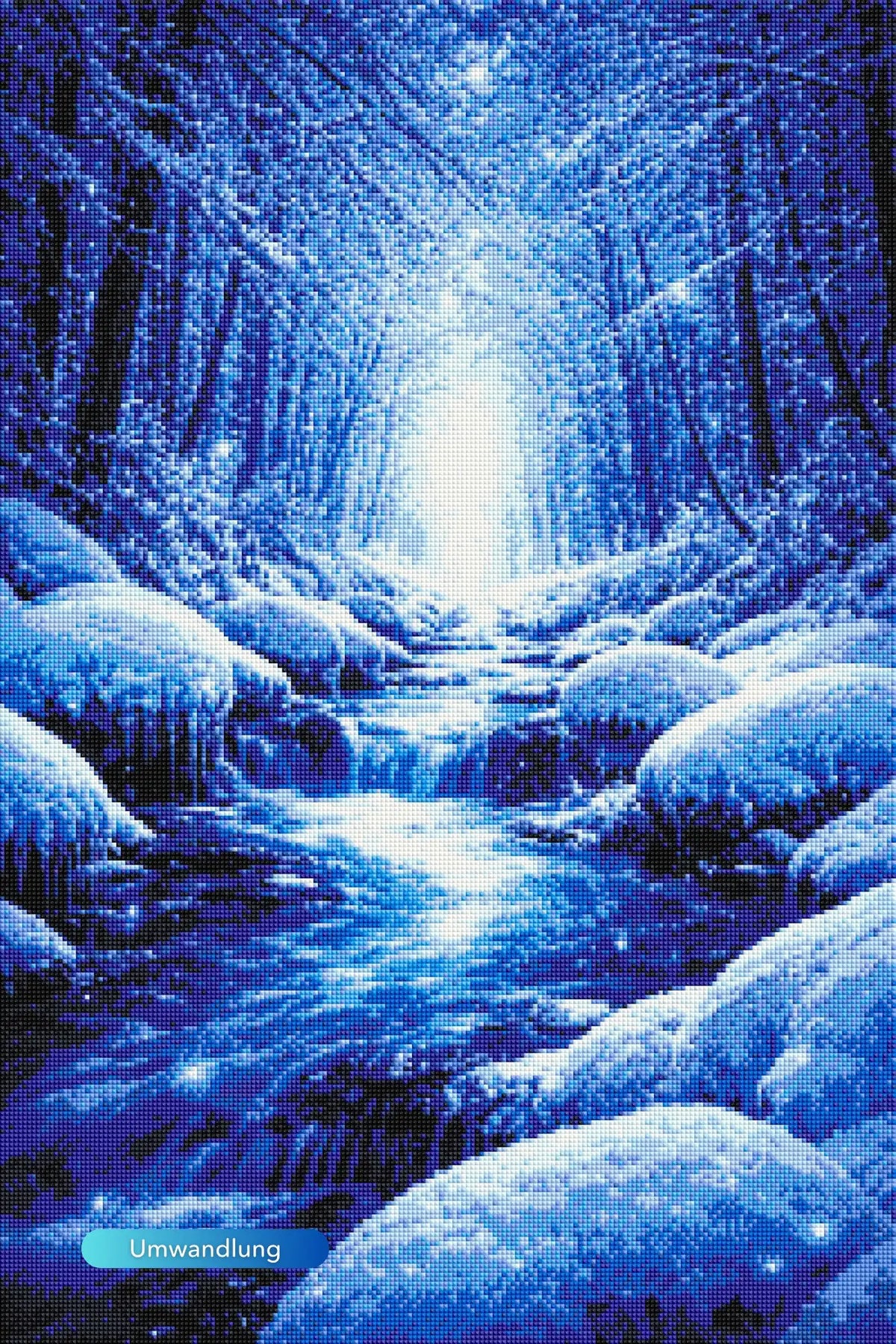 Diamond Painting Winterlandschaft: Verschneiter Bachlauf im blauen Winterwald mit Eis und Schnee