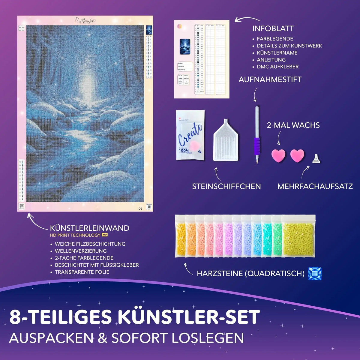 Diamond Painting Set Der Weg durch die Stille: Winterlandschaft-Leinwand mit Steinen und Zubehör