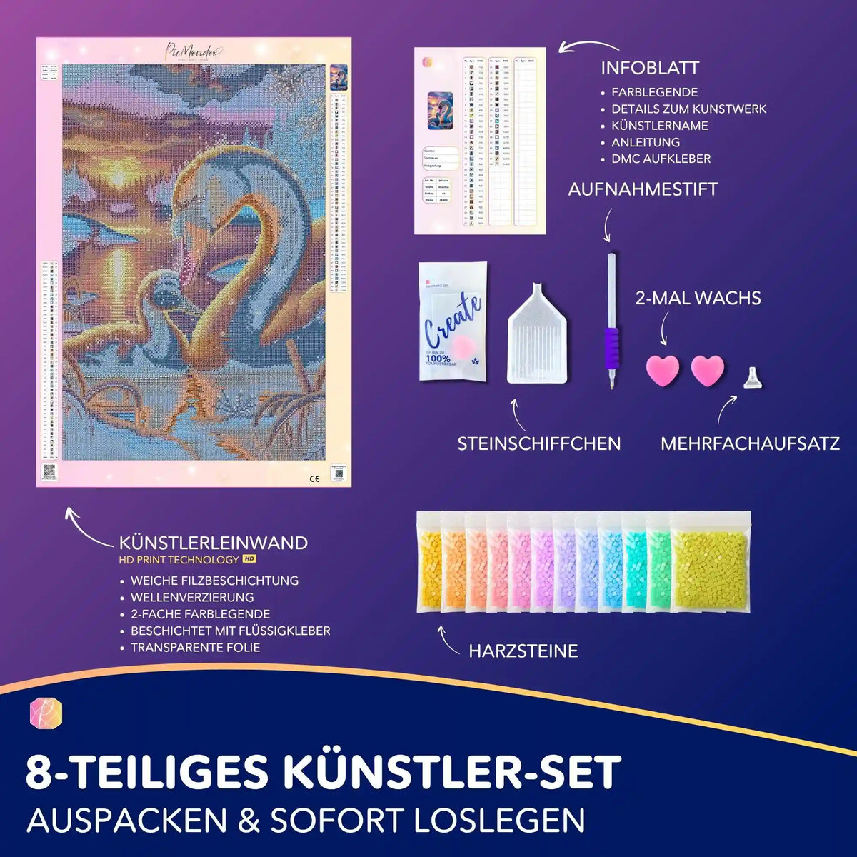 Diamond Painting Set Geborgenheit mit Schwan-Motiv, HD-Leinwand, Harzsteinen und komplettem Zubehör zum Basteln.
