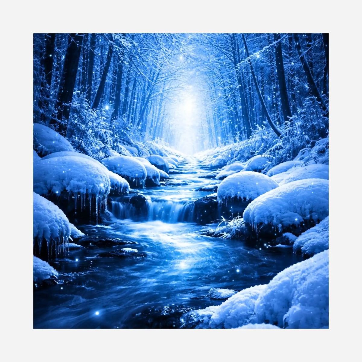 Diamond Painting Motiv Der Weg durch die Stille: Magischer Winterwald mit verschneitem Bachlauf in Blautönen
