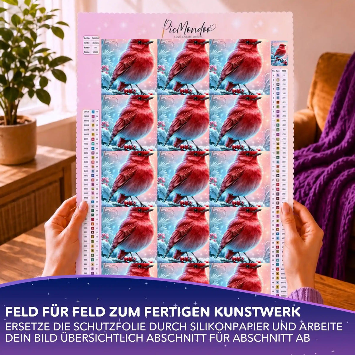 Silikonpapier-Set Feuerherz im ersten Frost auf einer Diamond Painting Leinwand mit rotem Vogel im Schnee.