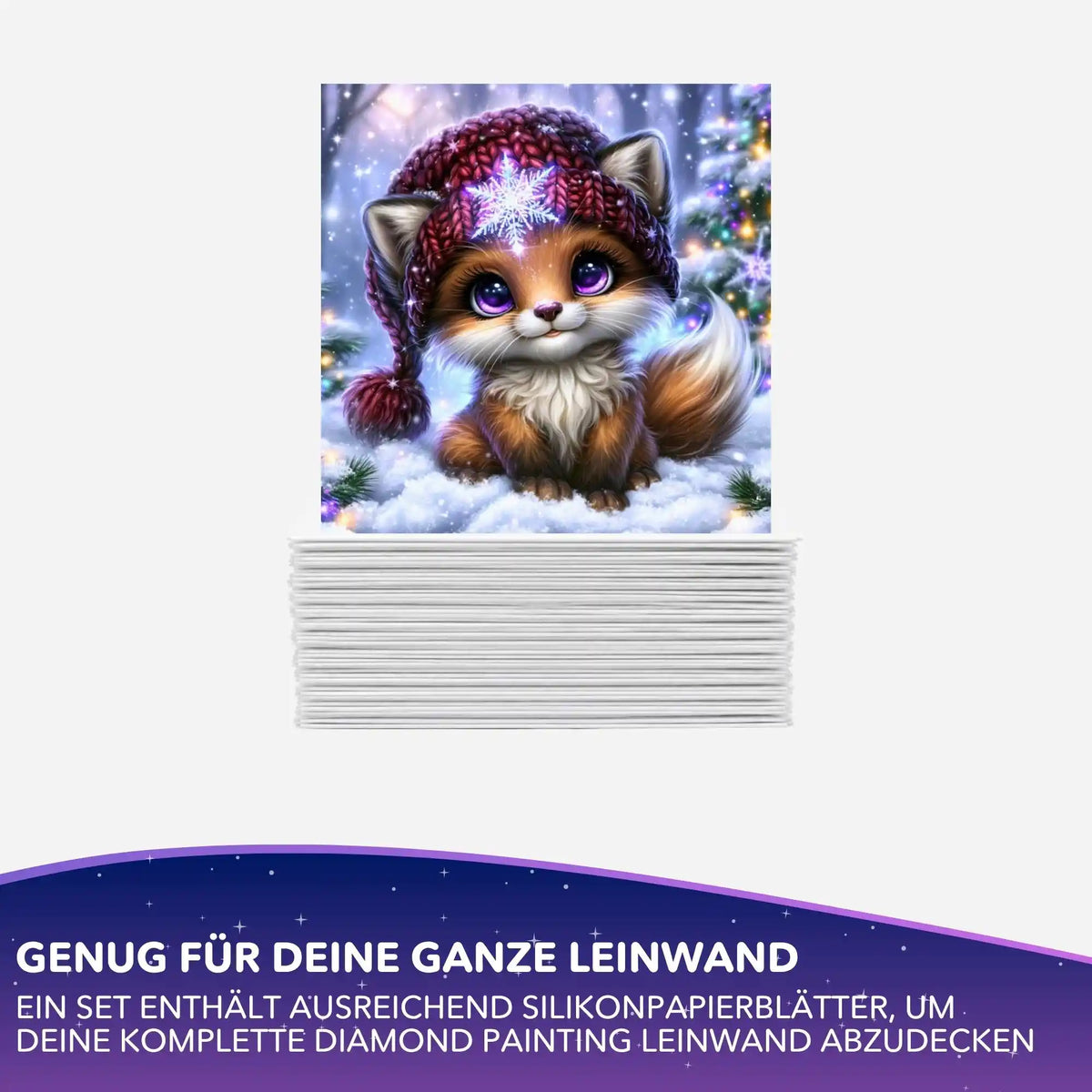 Silikonpapier-Set für Diamond Painting mit süßem Winter-Fuchs im Schnee und Stapel weißem Abdeckpapier.