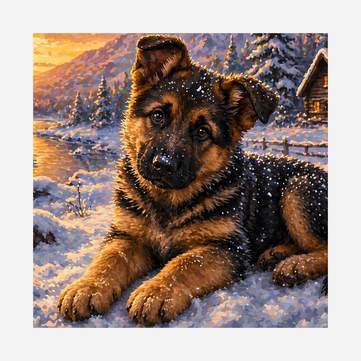Diamond Painting Motiv Erster Schnee: Süßer Schäferhund-Welpe im Schnee vor winterlicher Berghütte.