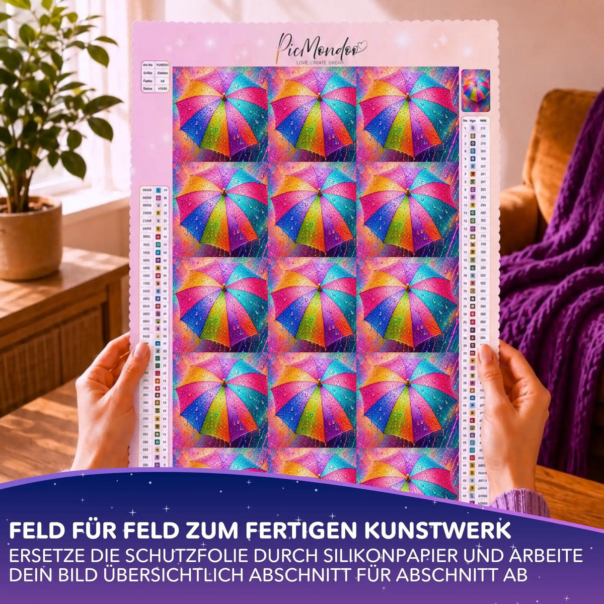 Diamond Painting Silikonpapier-Set Das Leben in allen Farben mit bunten Regenschirmen auf Leinwand