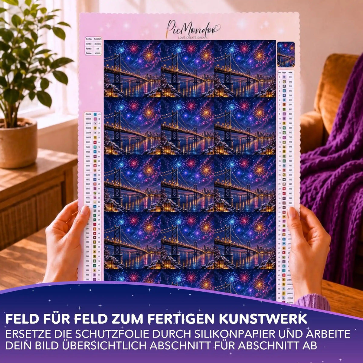 Silikonpapier-Set auf Diamond Painting Leinwand mit Brücke und Feuerwerk zur praktischen Feldeinteilung