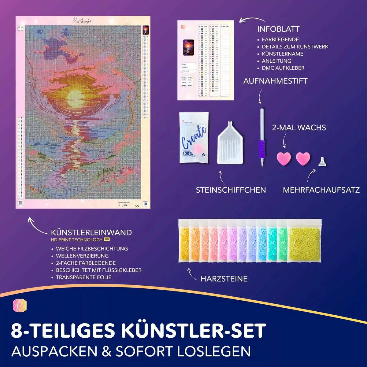 Diamond Painting Set Melodie des Lichts mit Leinwand, bunten Harzsteinen und Zubehör für kreative Landschaftsmotive.