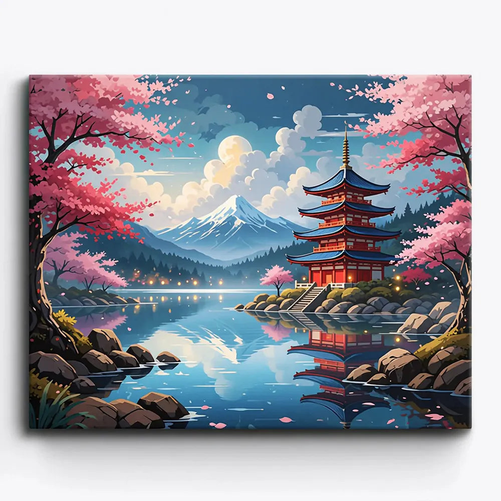 Malen nach Zahlen für Erwachsene: Japanische Pagode am See mit Fuji, Kirschblüten und Mondschein im pacmondoo.comsign.
