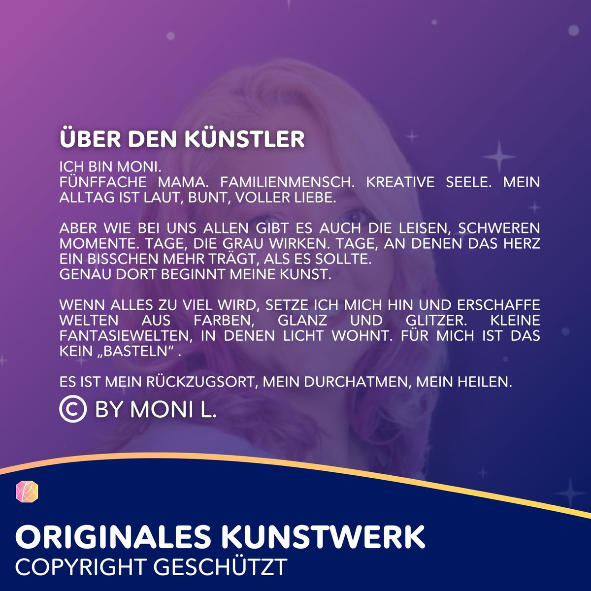 Künstlerporträt von Moni für Diamond Painting und Malen nach Zahlen Sets mit dem Fokus auf kreative Gestaltung.