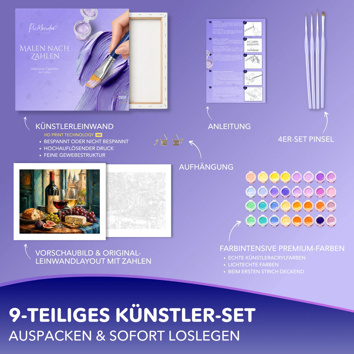 Malen nach Zahlen Set Savoir-vivre von Picmondoo mit Leinwand, Acrylfarben, Pinseln und Anleitung für Erwachsene.