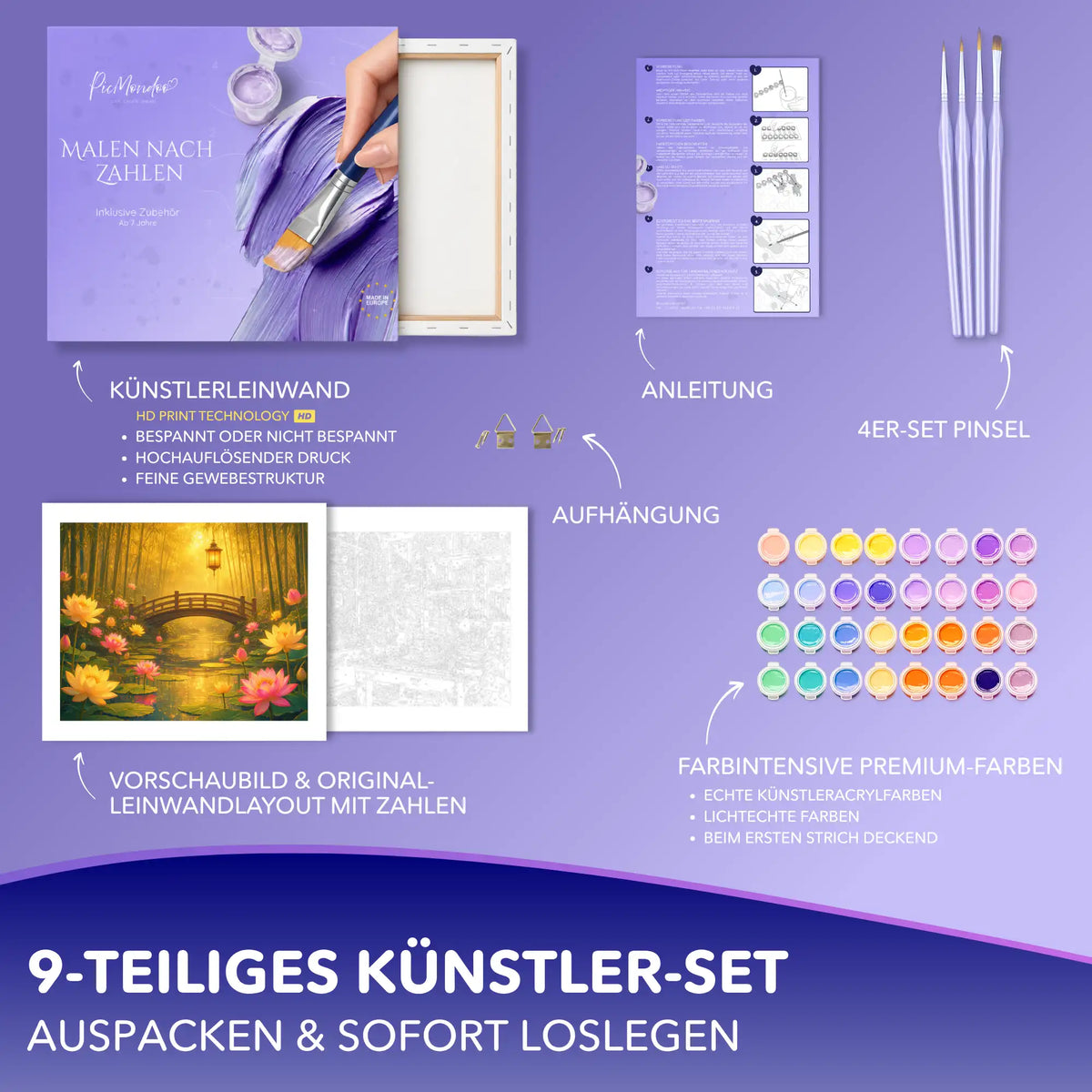 Malen nach Zahlen Set Stiller Goldzauber mit Leinwand, Acrylfarben und Pinseln für Erwachsene und kreative Bastler
