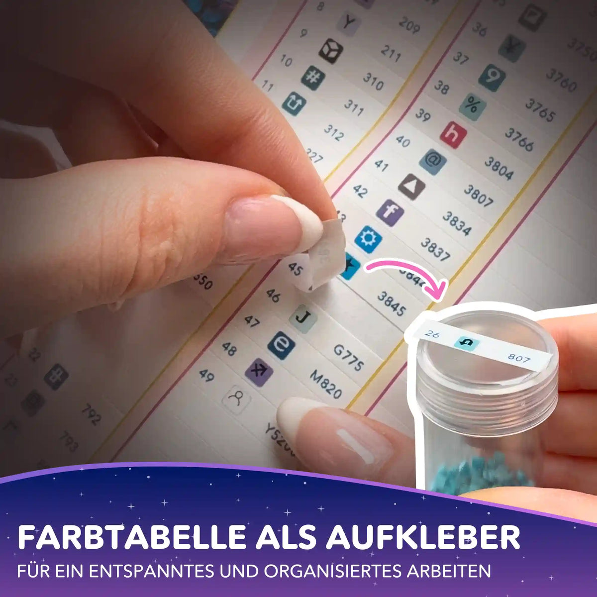 Diamond Painting Winterpieps: Farbtabelle-Aufkleber für Sortierdosen mit bunten Steinchen