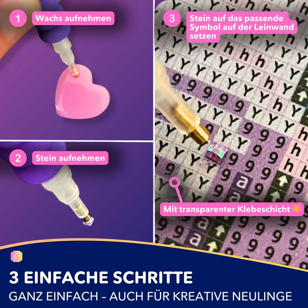 Anleitung zur Anwendung eines Diamond Painting Sets: Wachs aufnehmen, Stein mit Stift setzen für ein brillantes Ergebnis.