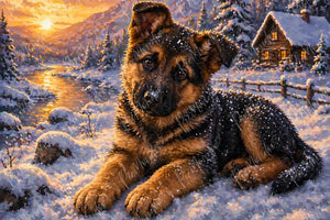 Diamond Painting Motiv: Schäferhundwelpe im Schnee vor verschneiter Blockhütte bei Sonnenuntergang