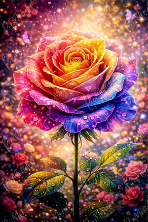 Diamond Painting Rose: Farbenfrohe Regenbogenblüte mit funkelnden Wassertropfen und magischem Glitzereffekt.