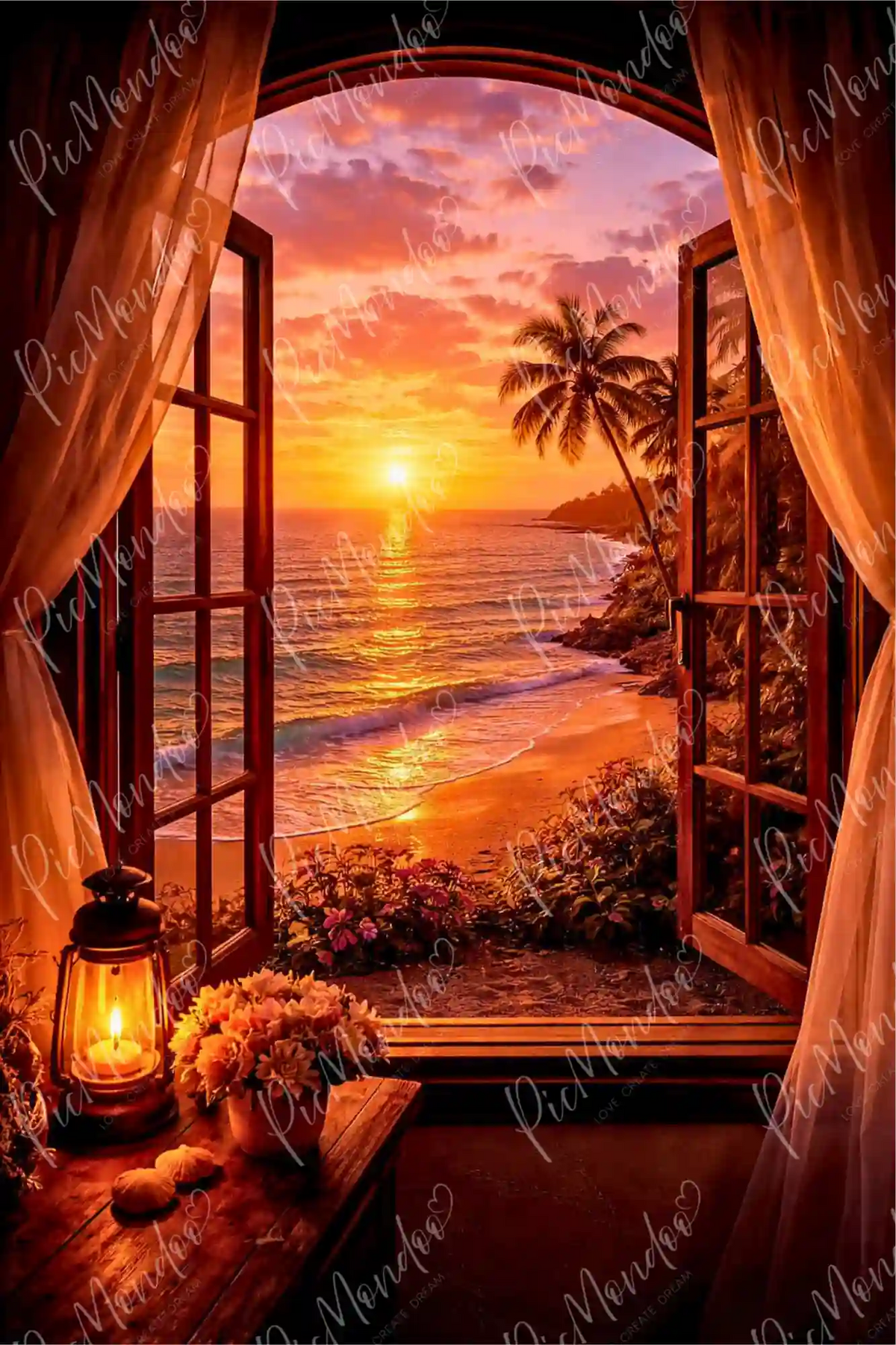 Diamond Painting Sonnenuntergang am Strand mit Meerblick durch offenes Fenster, Laterne und Palmen in warmem Licht.