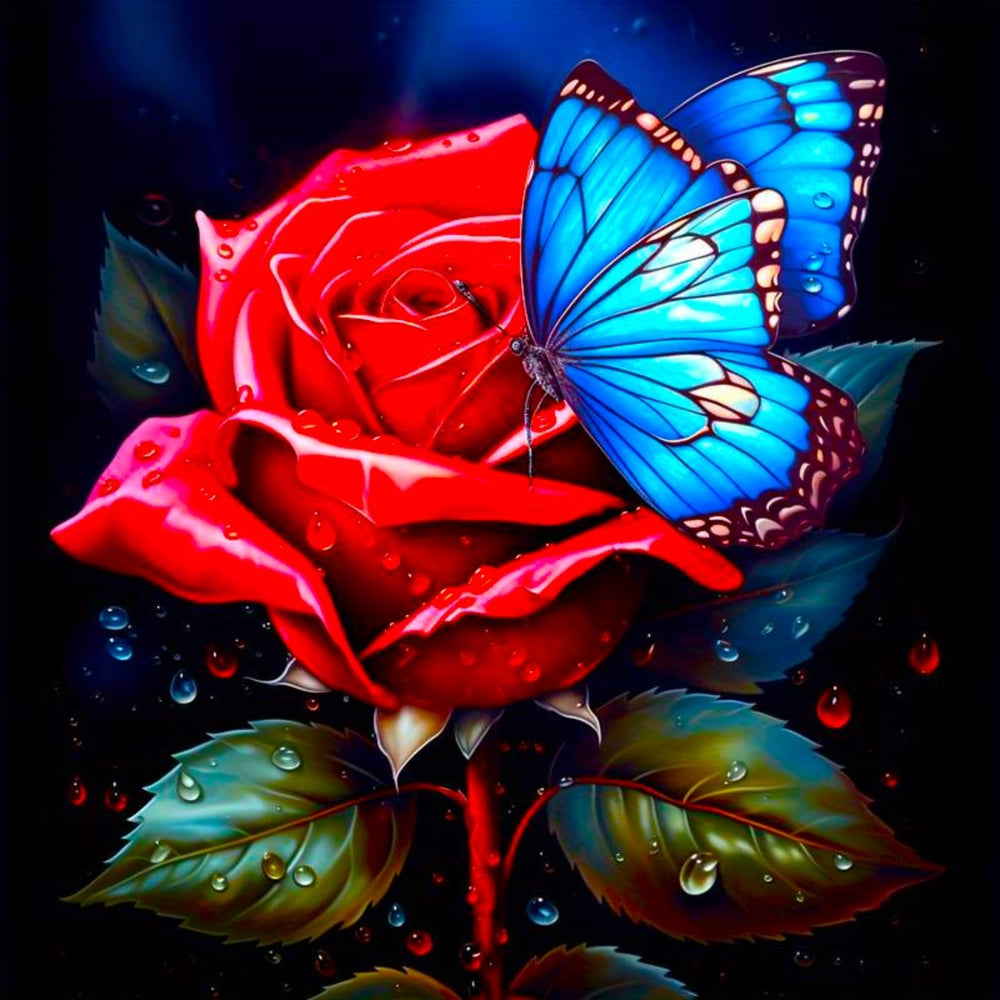 Diamond Painting - Rose rouge rencontre papillon bleu