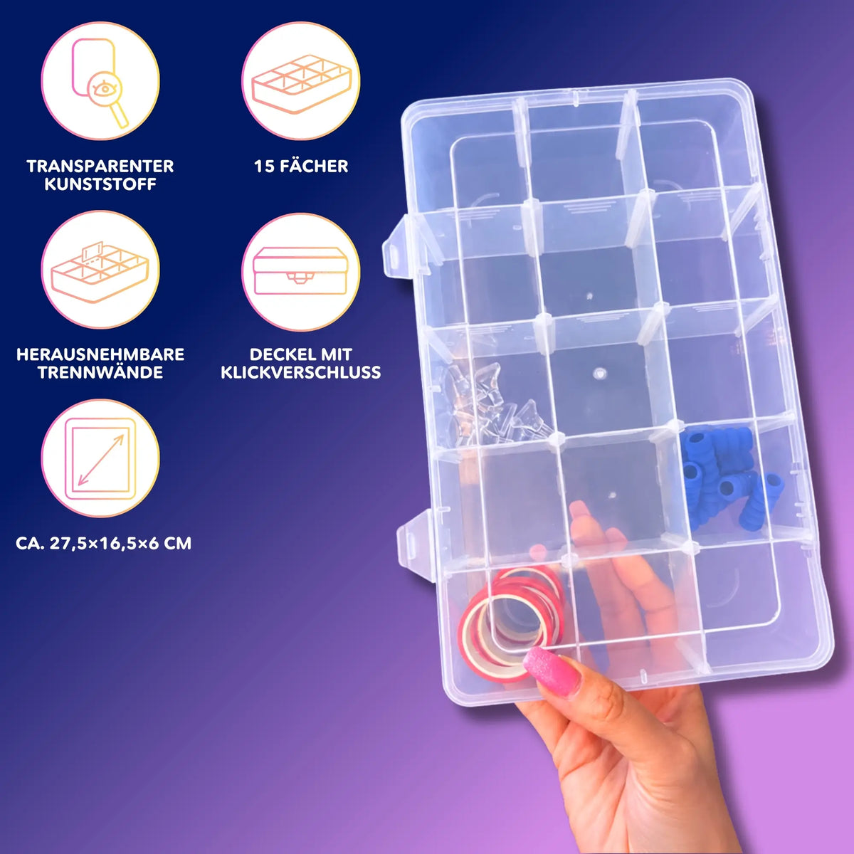 Transparente Diamond Painting Aufbewahrungsbox mit 15 Fächern und Klickverschluss für Zubehör.