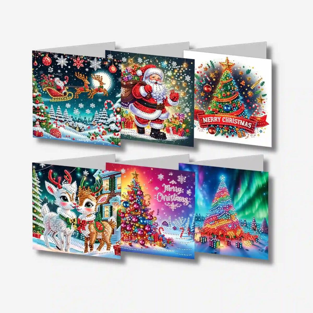 Diamond Painting Weihnachtskarten 6er-Set mit Weihnachtsmann, Rentieren und funkelnden Christbäumen von Picmondoo