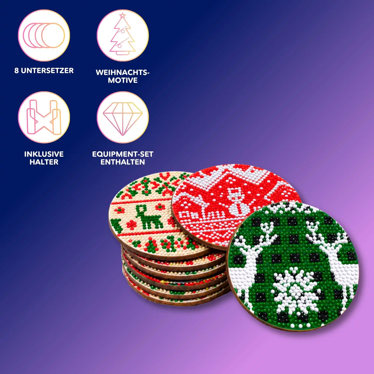 Picmondoo Diamond Painting Untersetzer Set mit weihnachtlichen Motiven wie Rentier und Schneemann.