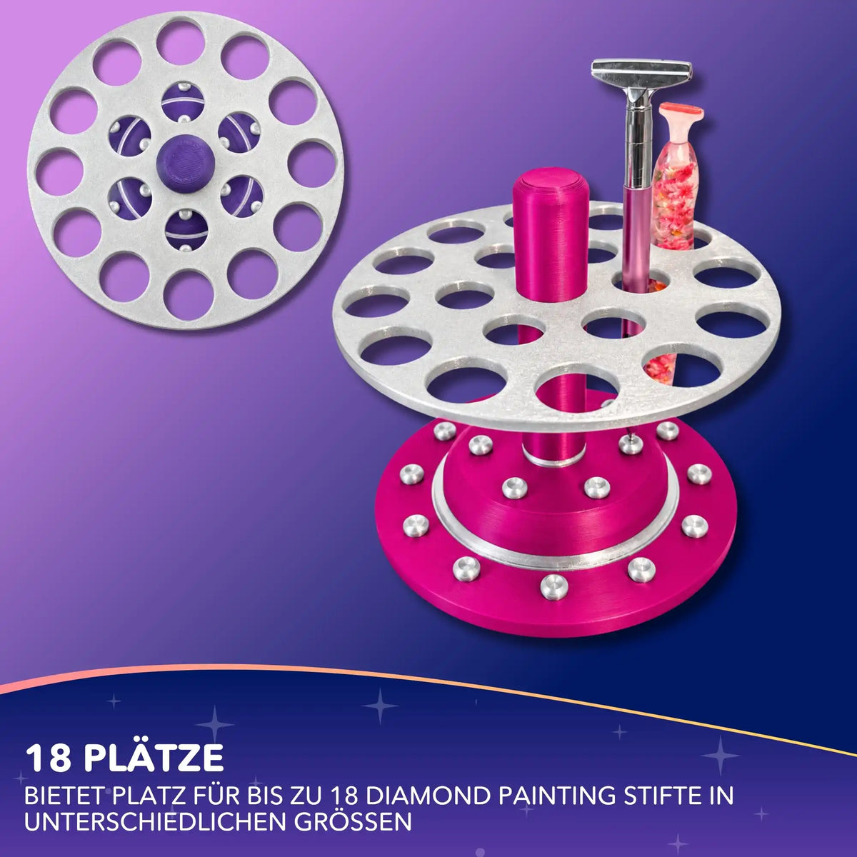 Diamond Painting Stifterondell in Pink und Silber für bis zu 18 Stifte – Zubehör-Organizer