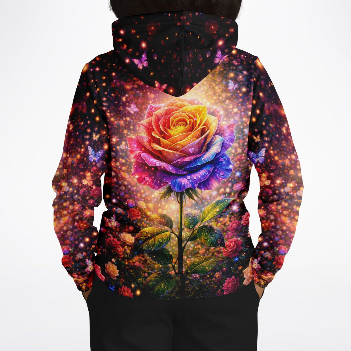 Dreamer Hoodie Elythra mit farbenprächtigem Rosen Motiv, ideal für Fans von Diamond Painting und Malen nach Zahlen.