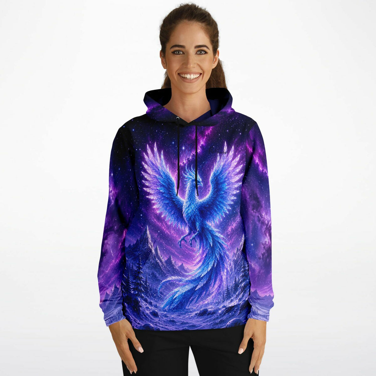 Dreamer Hoodie mit blauem Winterphönix Motiv in Galaxie-Optik, ideal für Fans von Diamond Painting und Kunst-Designs