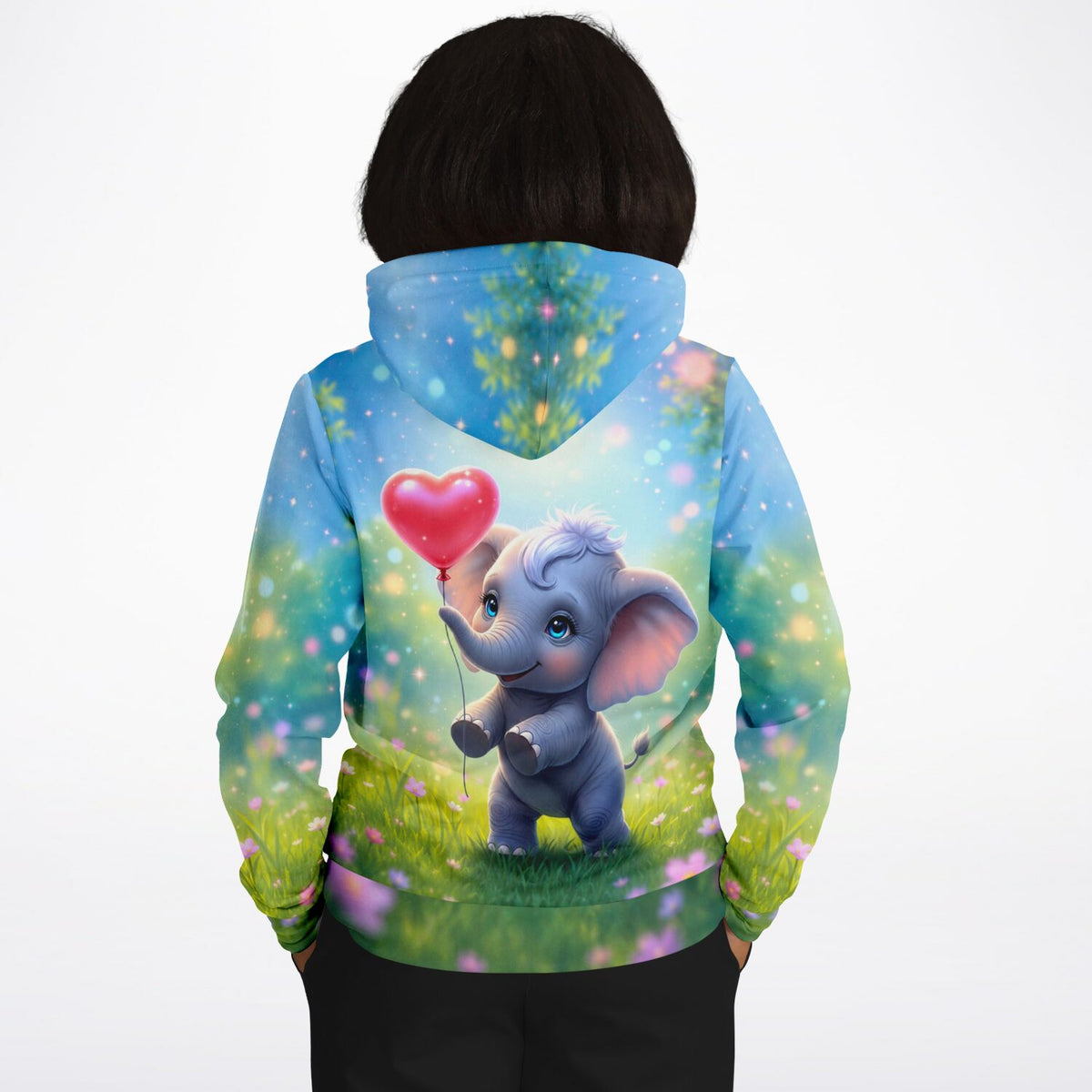 Dreamer Hoodie mit niedlichem Elefanten-Motiv, Herz-Luftballon und magischem Natur-Design im All-over-Print