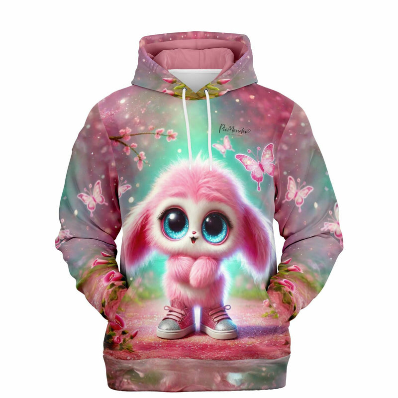 Pinker Dreamer Hoodie mit flauschigem Kulleraugen-Wesen, Schmetterlingen und Blüten im beliebten pacmondoo.comsign