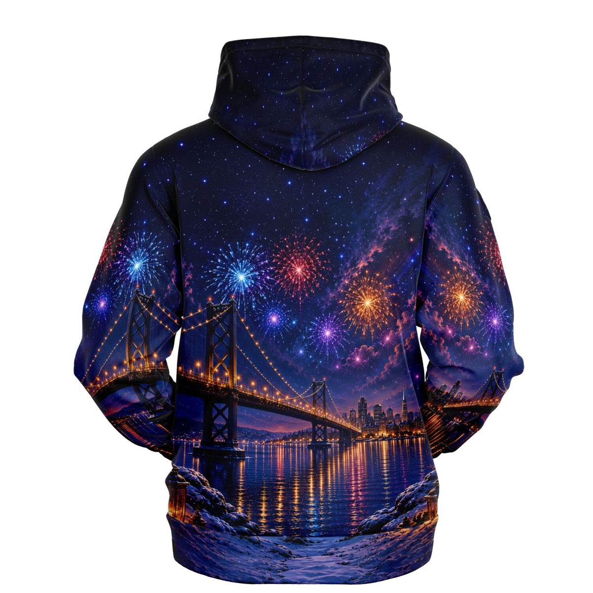 Dreamer Hoodie mit Skyline-Motiv, Brücke und Feuerwerk – ein Design wie ein Diamond Painting oder Malen nach Zahlen Bild.