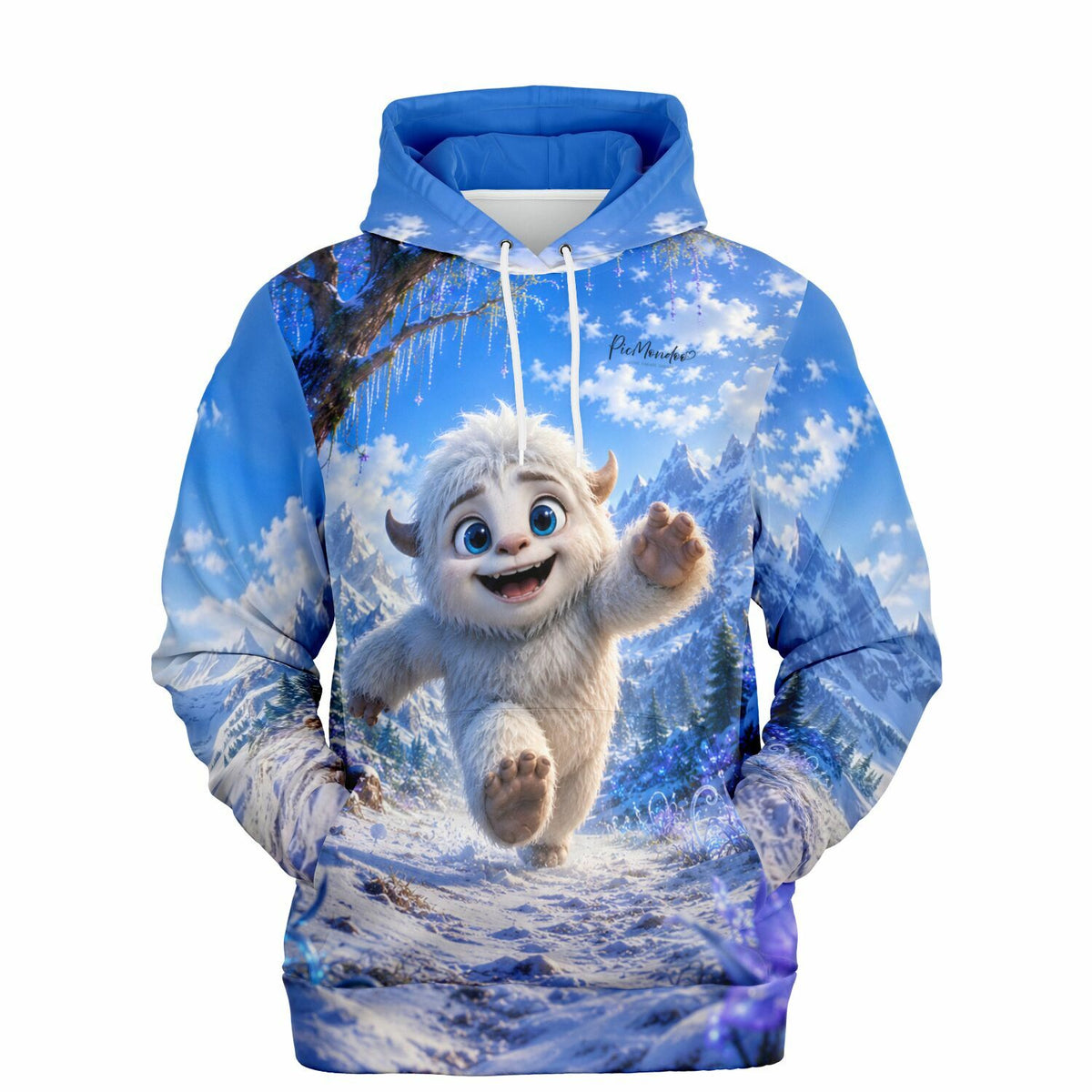 Dreamer Hoodie mit niedlichem Yeti-Motiv in einer Winterlandschaft, ideal für Fans von Diamond Painting und Kunst.