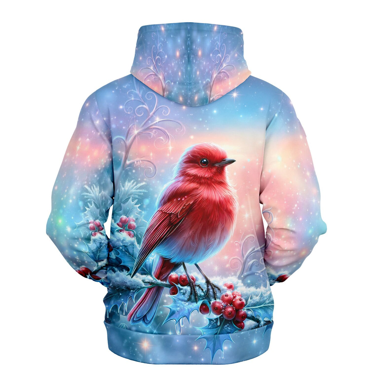 Dreamer Hoodie mit rotem Vogel und Wintermotiv, inspiriert von Diamond Painting Kunst und Malen nach Zahlen Designs.