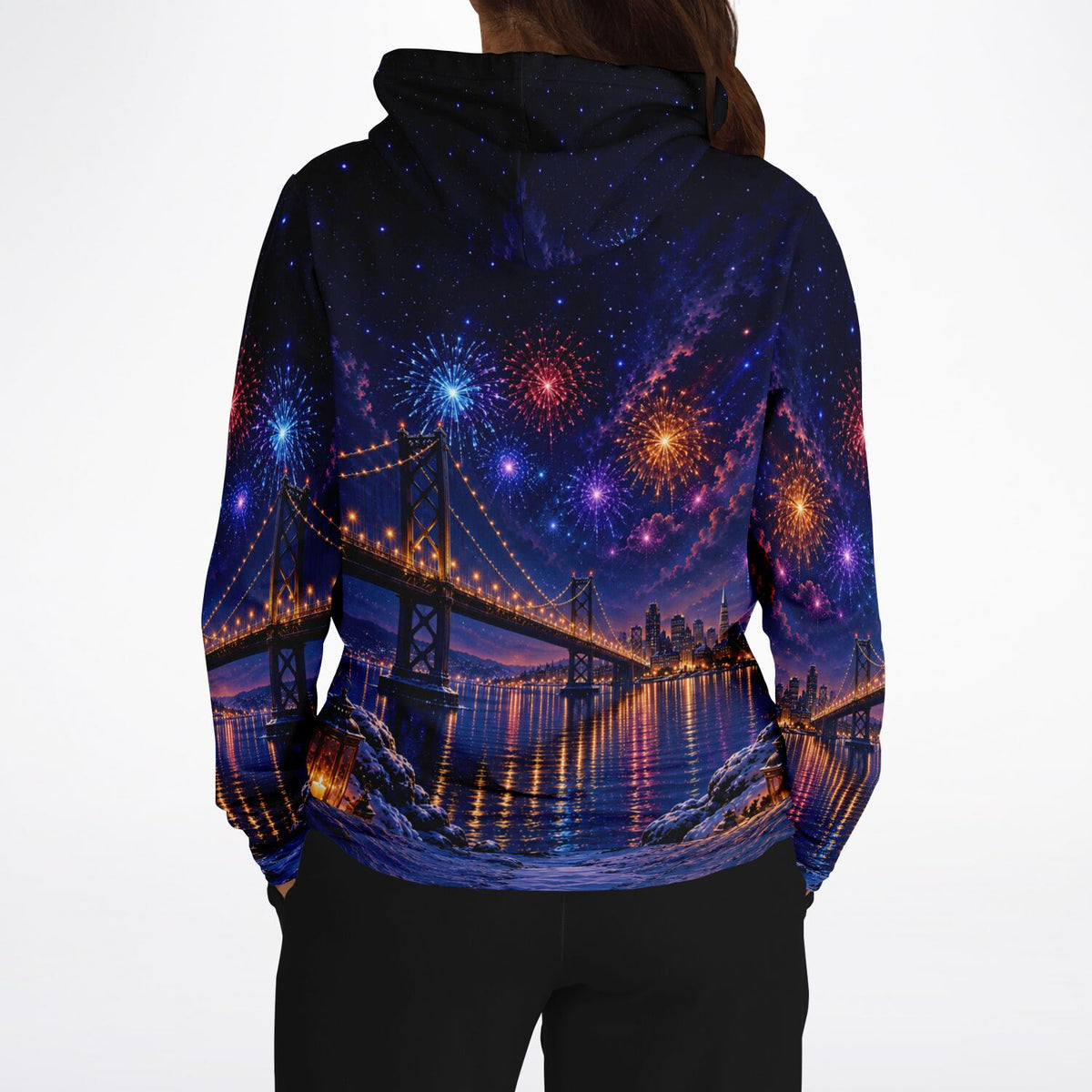 Dreamer Hoodie mit Skyline, Brücke und Feuerwerk – ein Motiv, das Fans von Malen nach Zahlen und Diamond Painting lieben.