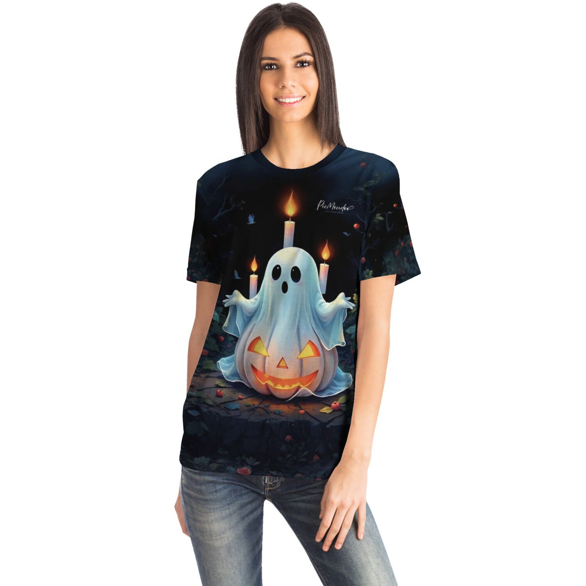 Frau trägt T-Shirt mit Geister- und Kürbis-Motiv, inspiriert von Diamond Painting und Malen nach Zahlen Designs