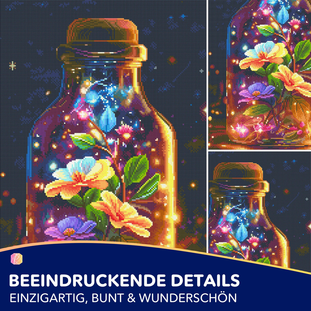 Diamond Painting Set Leuchtender Blütenzauber: Bunte Blumen in einer leuchtenden Flasche mit funkelnden Steinen.