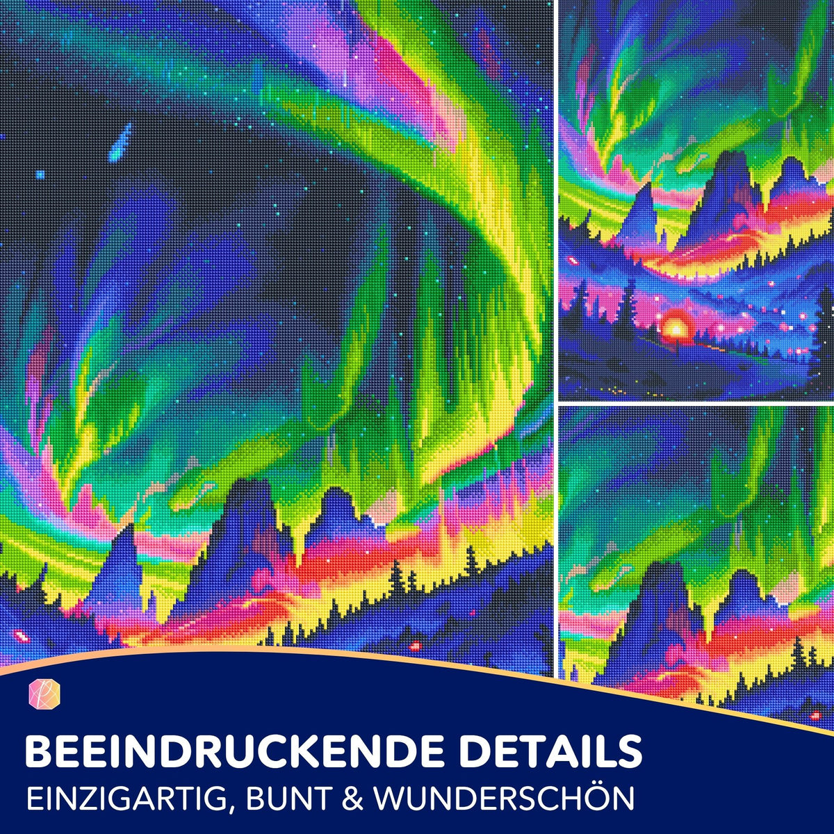 Diamond Painting Set mit buntem Polarlichter-Motiv, Landschaft mit Bergen und strahlenden Strasssteinen in Detailansicht
