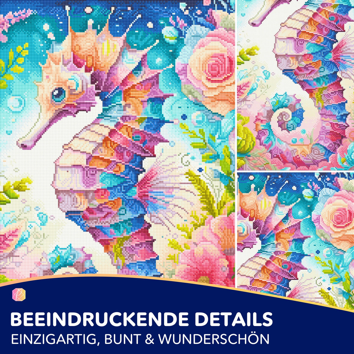 Diamond Painting Seepferdchen mit bunten Blumen, detailliertes DIY-Set für Erwachsene mit funkelnden Steinen